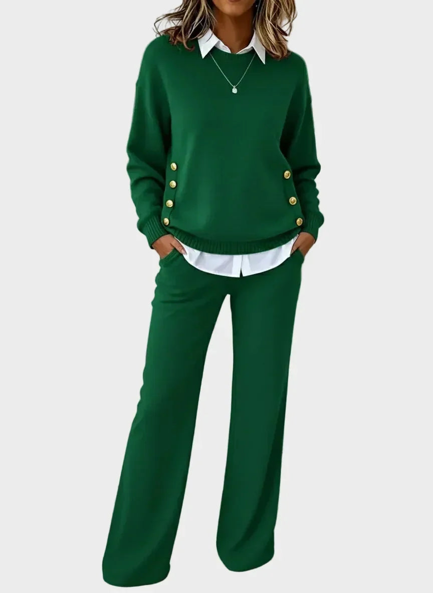 Conjunto de punto para mujer con suéter de botones y pantalón ancho