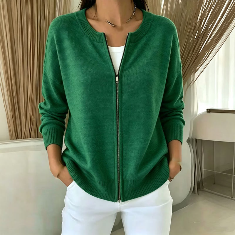 Cárdigan de punto para mujer con cuello redondo y cremallera