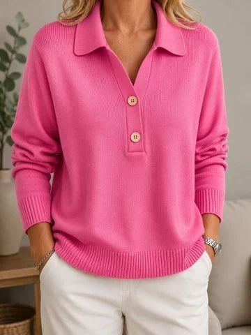 Suéter de mujer con cuello de camisa y botones decorativos finos