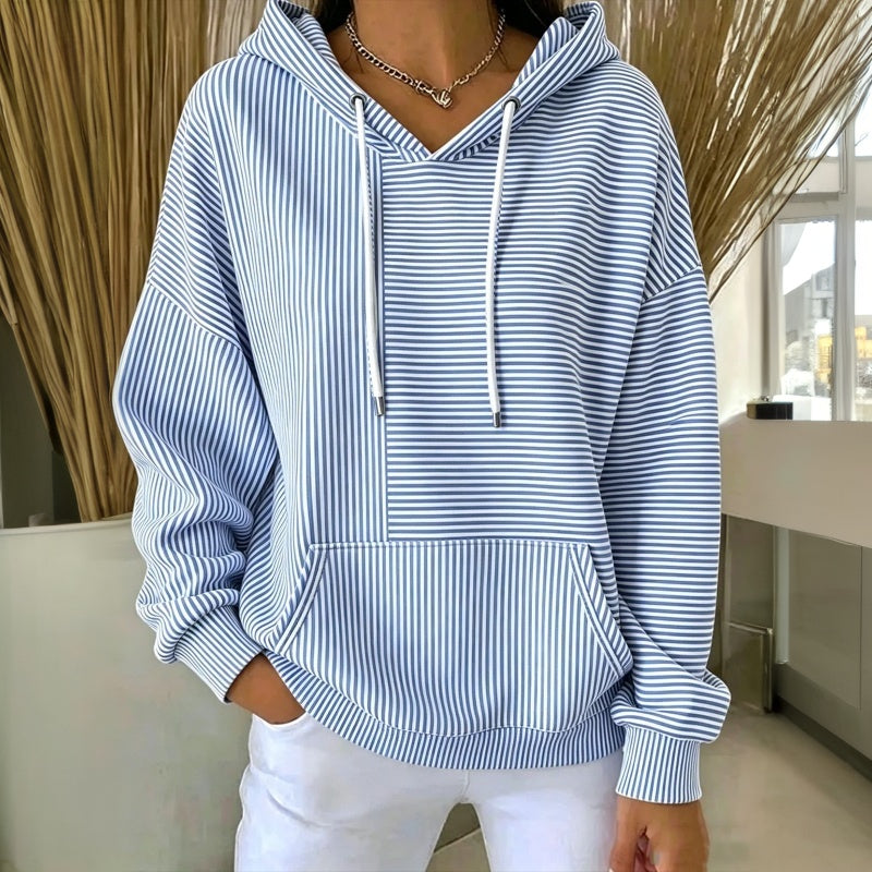Sudadera de rayas contrastantes con capucha y bolsillo para mujer