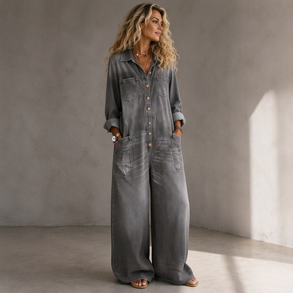 Mono de mujer efecto denim con pierna ancha y botones