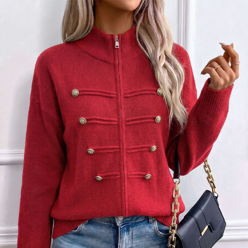Cárdigan de punto para mujer con cuello alto, cremallera y botones decorativos