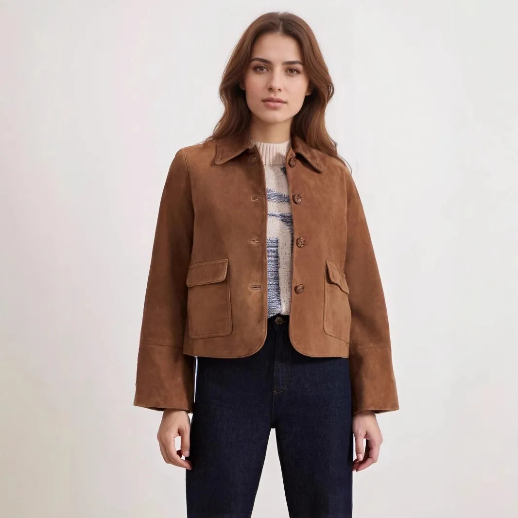 Chaqueta corta de ante con bolsillos frontales para mujer - Alenor