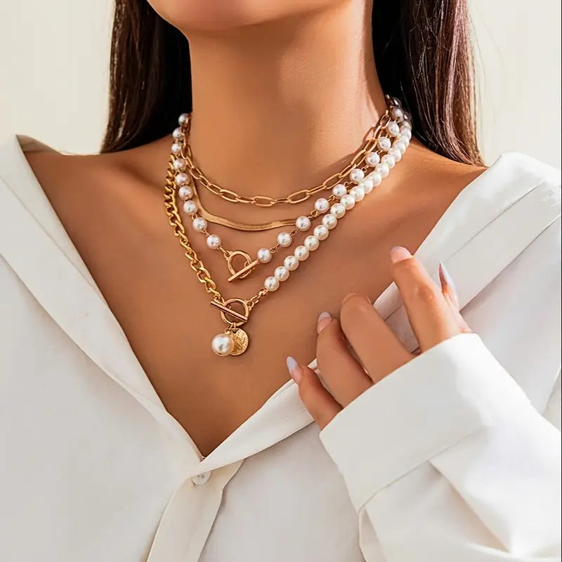 ÉCLAT | Conjunto Collar Perla & Cadena Serpiente Vintage | Oro