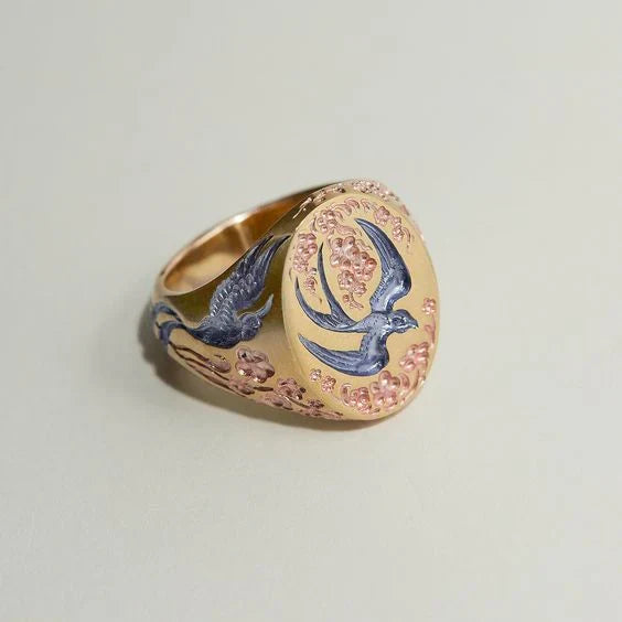 ÉCLAT | Anillo Vintage Azul y Dorado con Colibrí