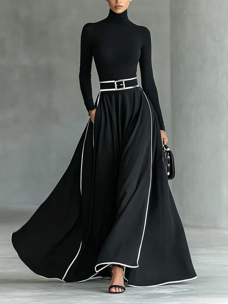 Gina™ | Vestido maxi con costuras en contraste y cuello alto
