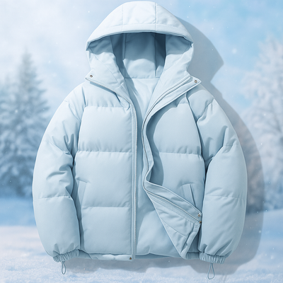 Chaqueta Stilla en azul claro, con la cremallera abierta, sobre un paisaje nevado