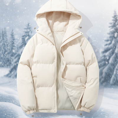 Chaqueta Stilla en blanco, de frente, sobre un paisaje nevado
