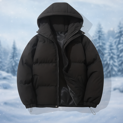 Chaqueta Stilla en negro, de frente, sobre un paisaje nevado