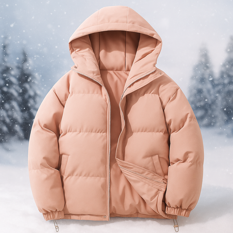 Chaqueta Stilla en coral, con capucha y la cremallera abierta, sobre un paisaje nevado