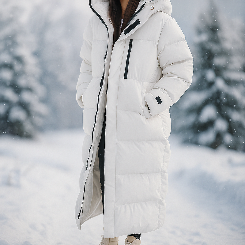 Mujer con el abrigo acolchado largo Mirna en blanco con detalles negros, en un paisaje con nieve