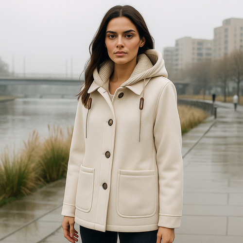 Mujer con el abrigo Maelle en beige, de frente, con la capucha y los botones