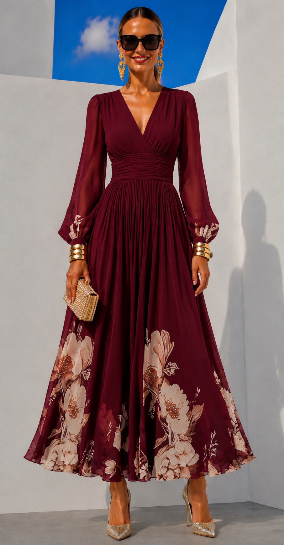 Vestido de gasa floral color vino, de frente