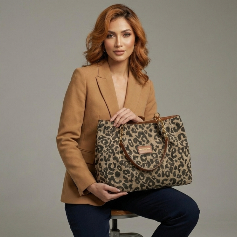 MEZTLI™ – Bolso Olivia de lona con estampado leopardo