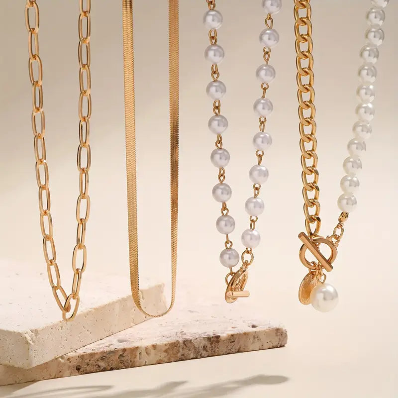 ÉCLAT | Conjunto Collar Perla & Cadena Serpiente Vintage | Oro
