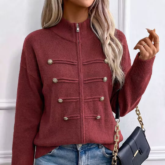 Cárdigan de punto para mujer con cuello alto, cremallera y botones decorativos
