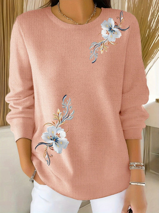 Suéter de mujer con flores estampadas y cuello redondo casual