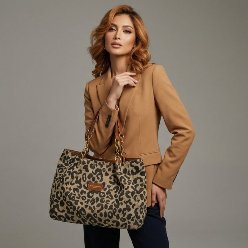 MEZTLI™ – Bolso Olivia de lona con estampado leopardo