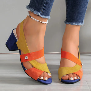 Sandalias Bella en naranja, con amarillo y azul marino