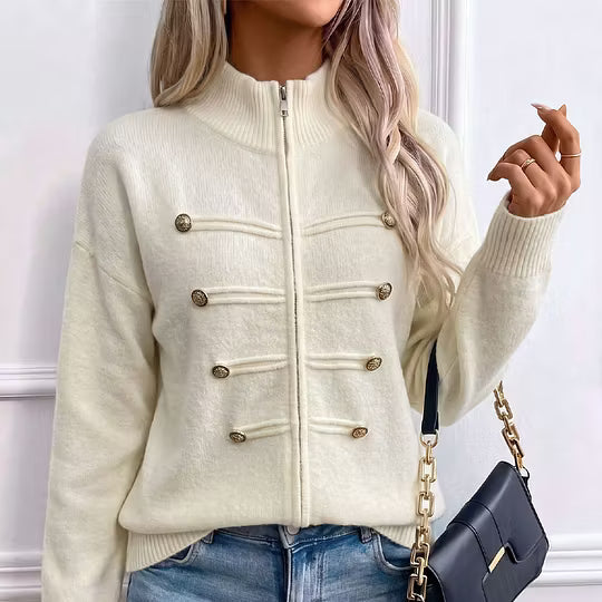 Cárdigan de punto para mujer con cuello alto, cremallera y botones decorativos