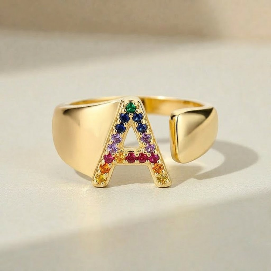 ÉCLAT | Anillo de Oro con Letra Personalizada (Ajustable)