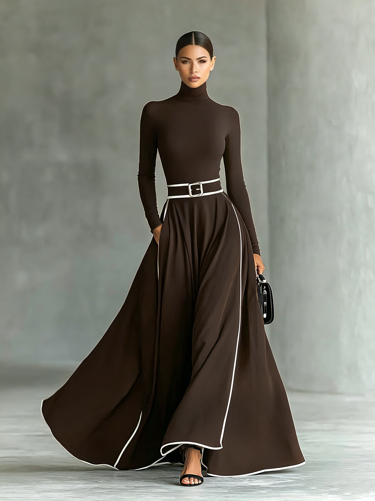 Gina™ | Vestido maxi con costuras en contraste y cuello alto