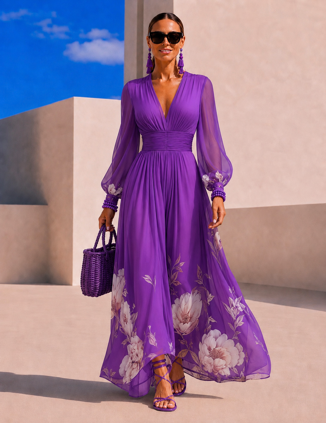 Marina™ | Vestido de gasa floral con cintura marcada