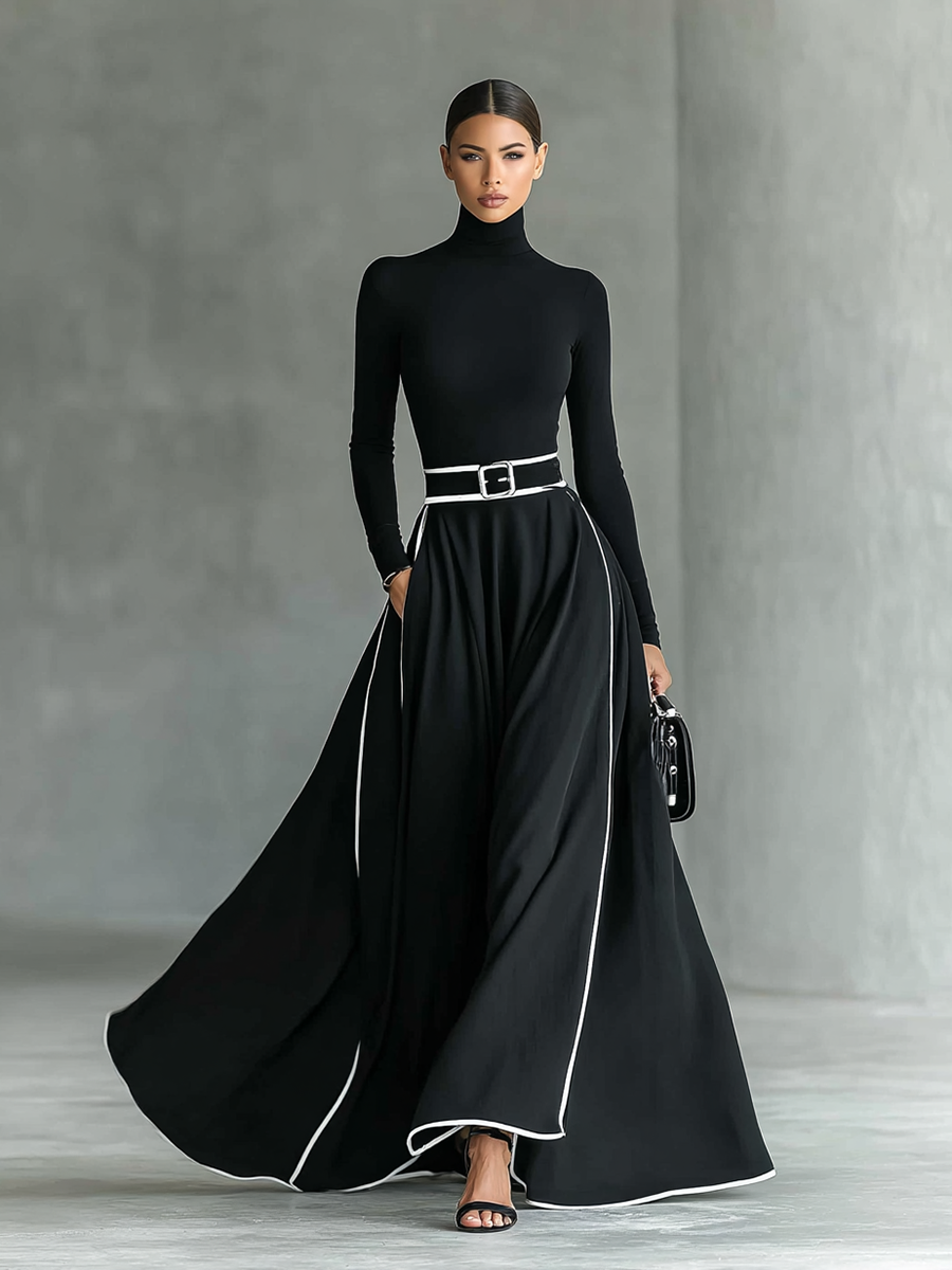 Gina™ | Vestido maxi con costuras en contraste y cuello alto