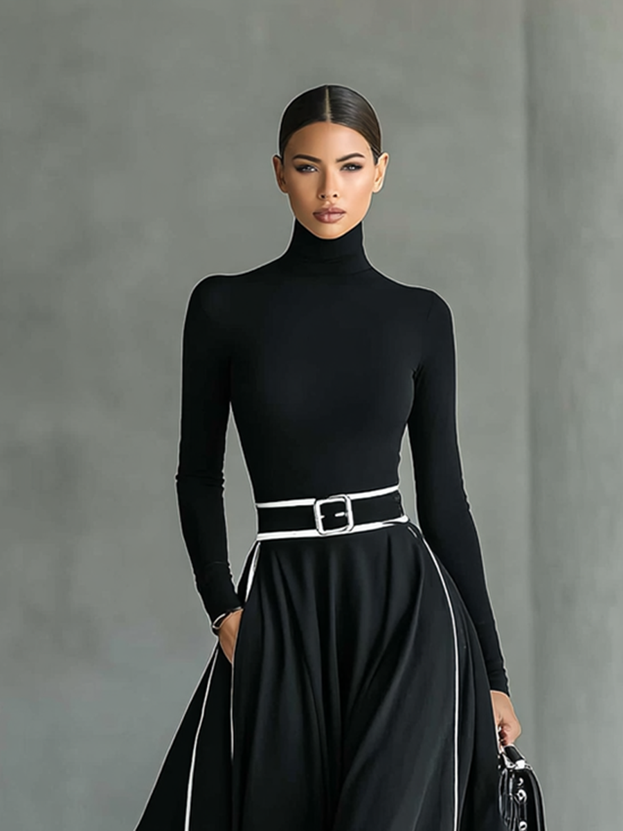 Gina™ | Vestido maxi con costuras en contraste y cuello alto