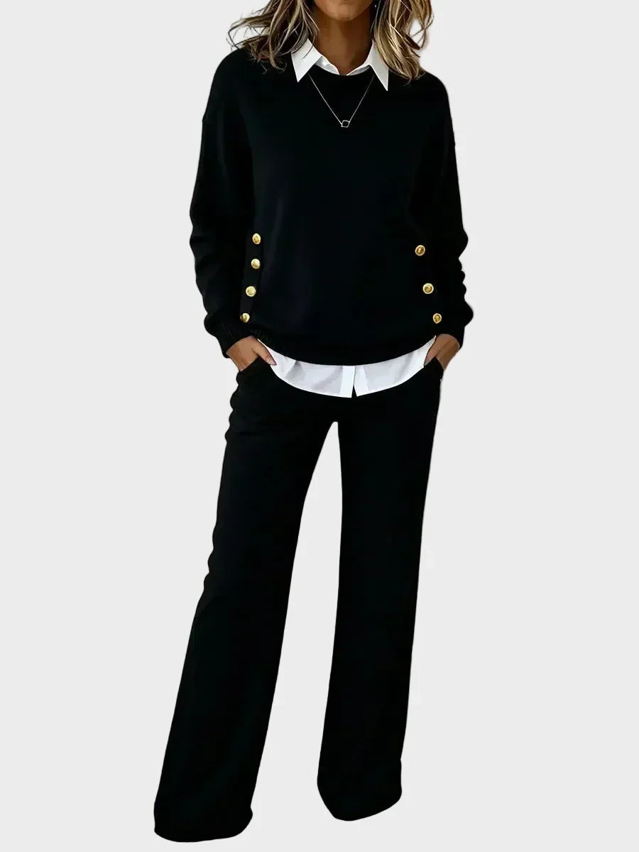 Conjunto de punto para mujer con suéter de botones y pantalón ancho