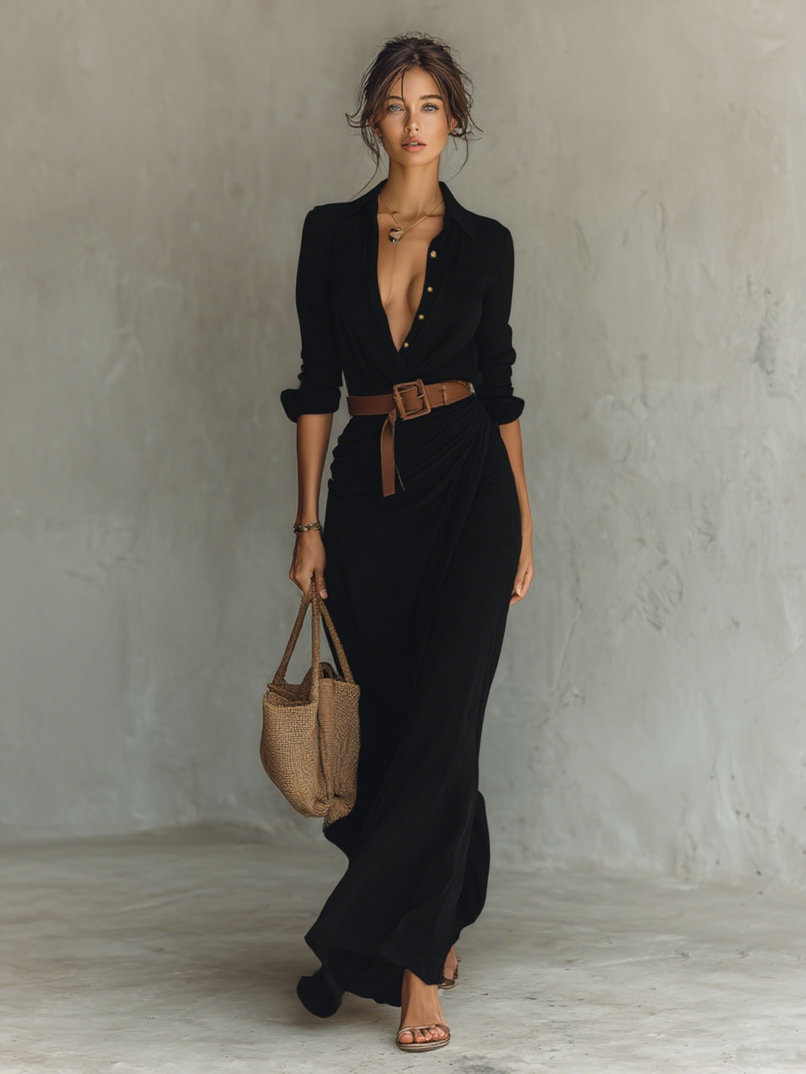 Alina™ | Vestido maxi con cuello solapa y cinturón