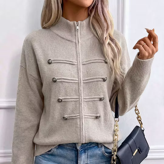 Cárdigan de punto para mujer con cuello alto, cremallera y botones decorativos