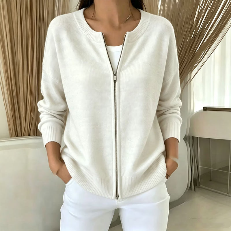 Cárdigan de punto para mujer con cuello redondo y cremallera