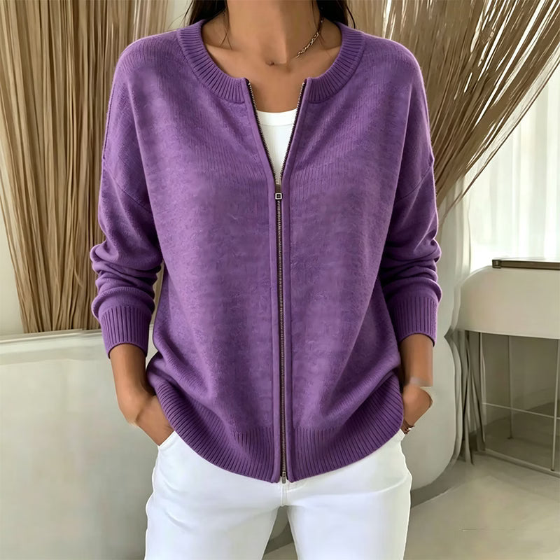 Cárdigan de punto para mujer con cuello redondo y cremallera