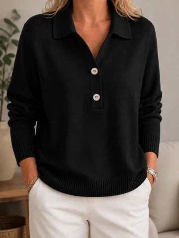 Suéter de mujer con cuello de camisa y botones decorativos finos