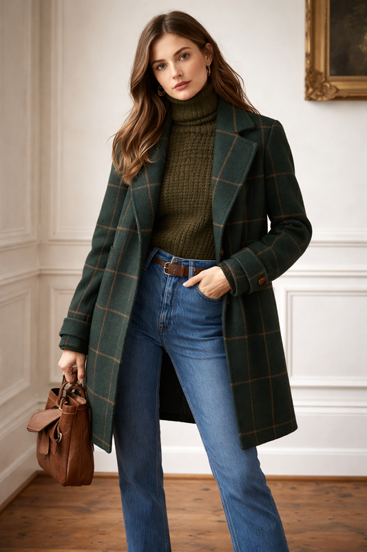 Abrigo elegante con solapa amplia para mujer patrón de cuadros - Yara