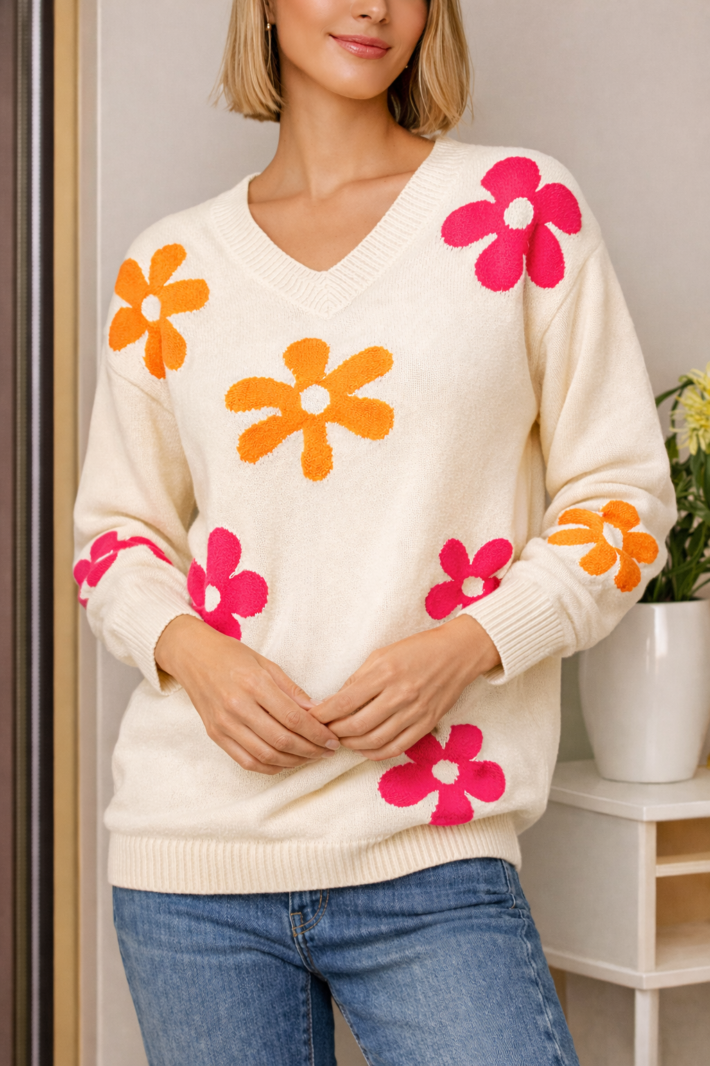 Jersey de punto para mujer escote en V floral - Sahori
