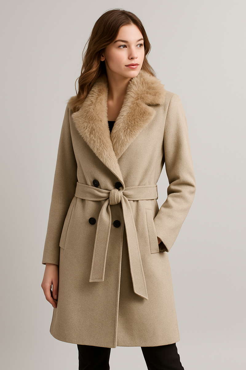 Mujer con el abrigo Naeryn beige, con cuello afelpado y cinturón