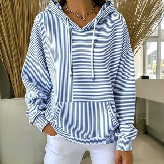 Sudadera de rayas contrastantes con capucha y bolsillo para mujer