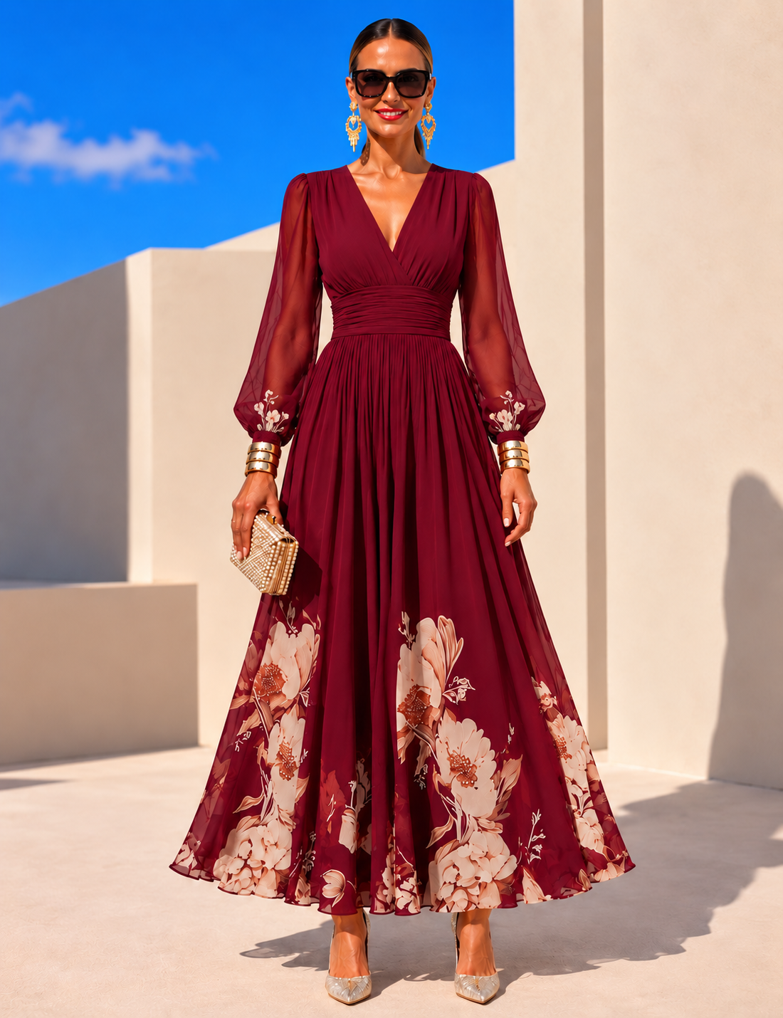 Vestido de gasa floral color vino, de frente, con cintura marcada