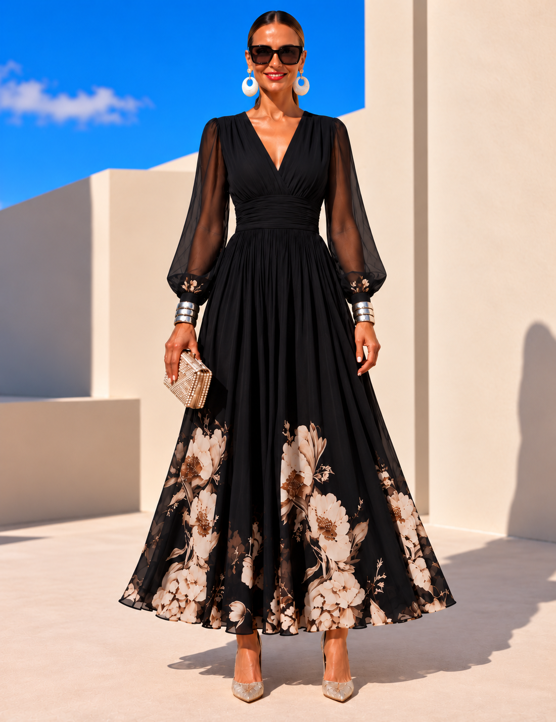 Vestido de gasa floral negro, de frente, con cintura marcada