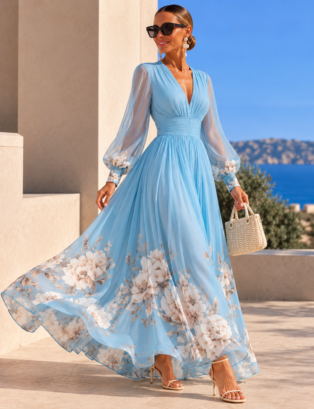 Bella™ | Vestido de gasa floral con cintura marcada