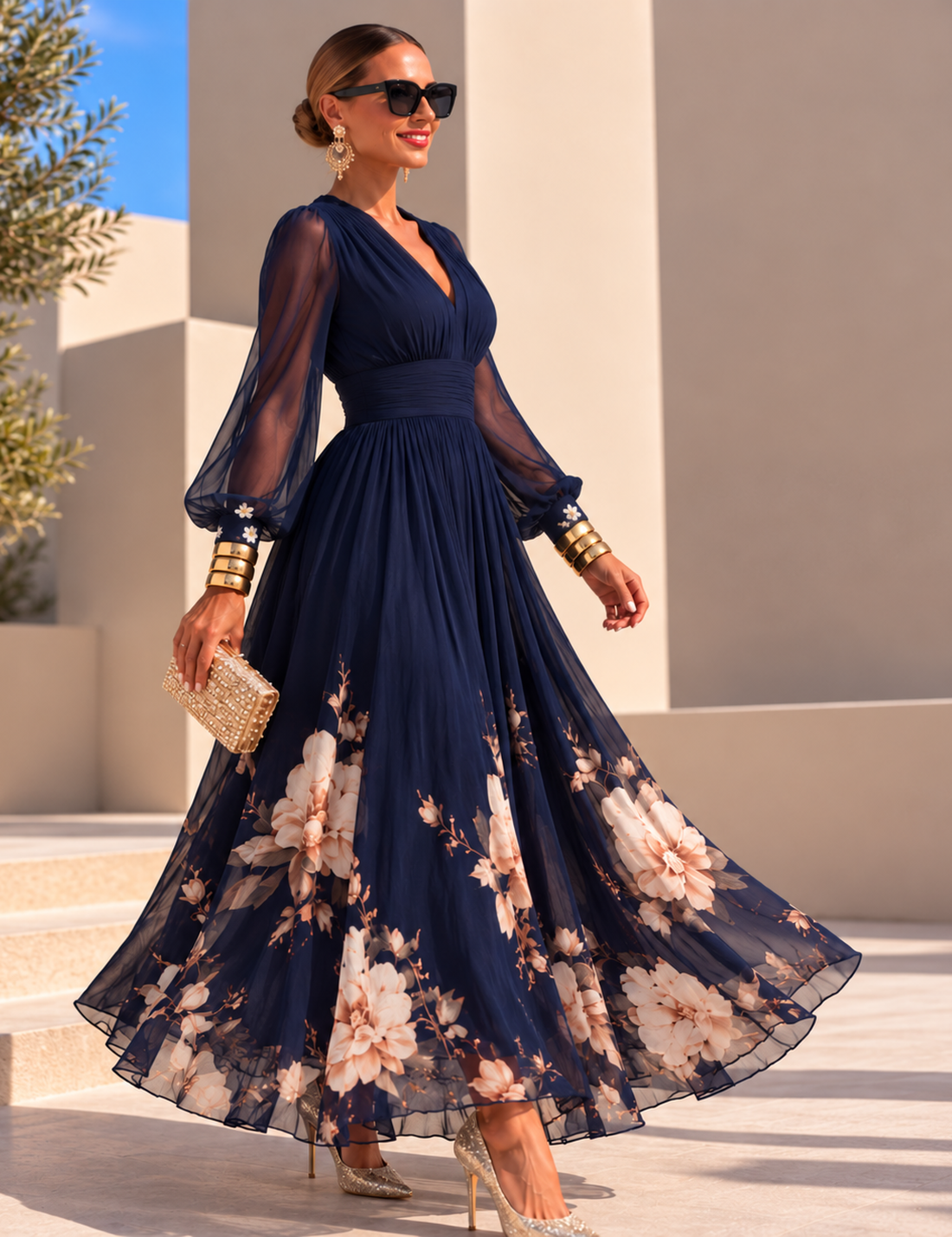 Vestido de gasa floral azul marino, caminando con la falda al viento
