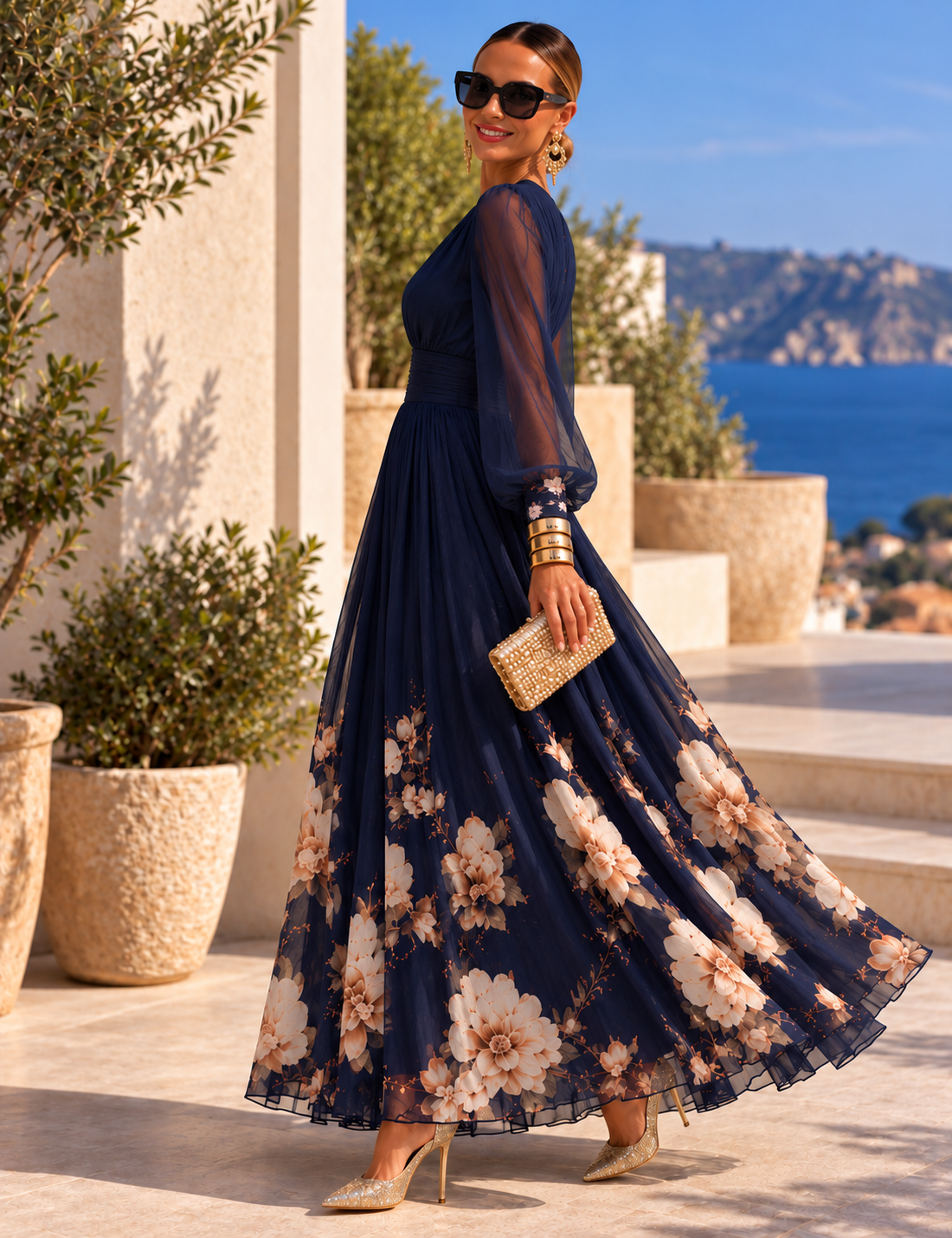 Vestido de gasa floral azul marino, de perfil
