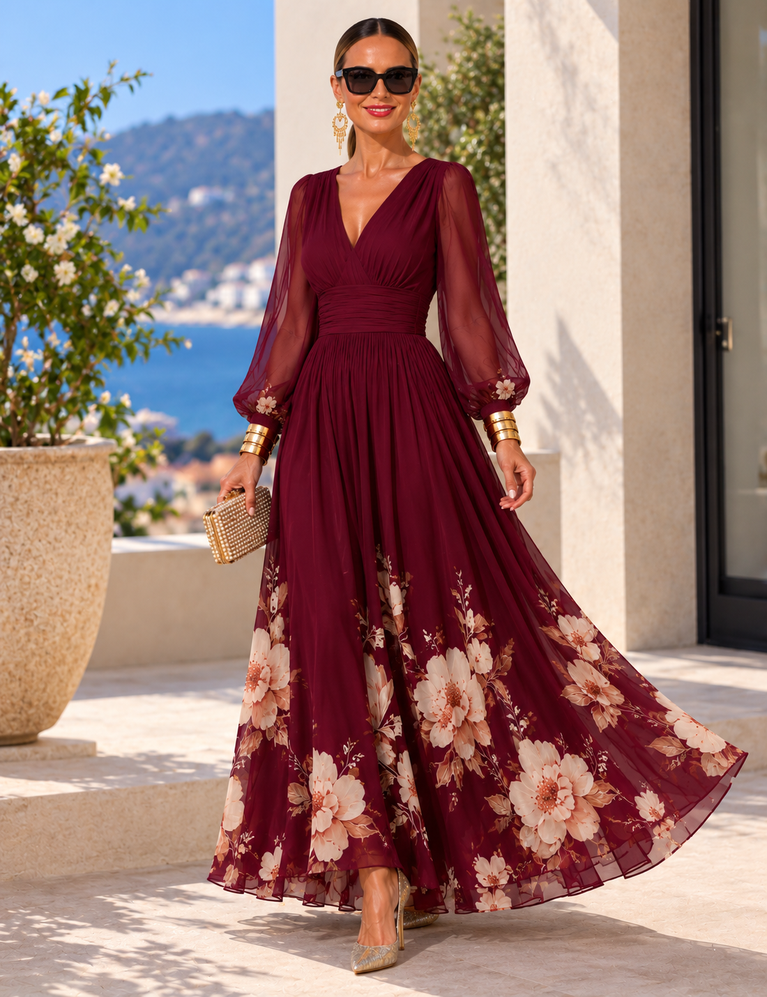 Vestido de gasa floral color vino, de frente