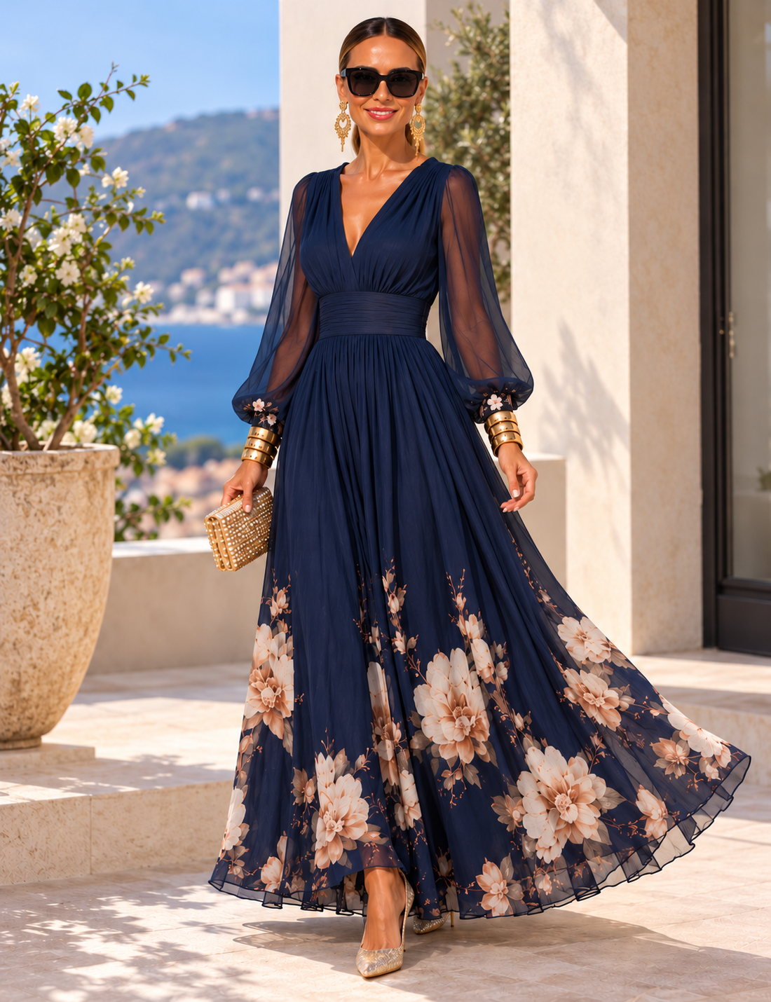 Vestido de gasa floral azul marino, de frente