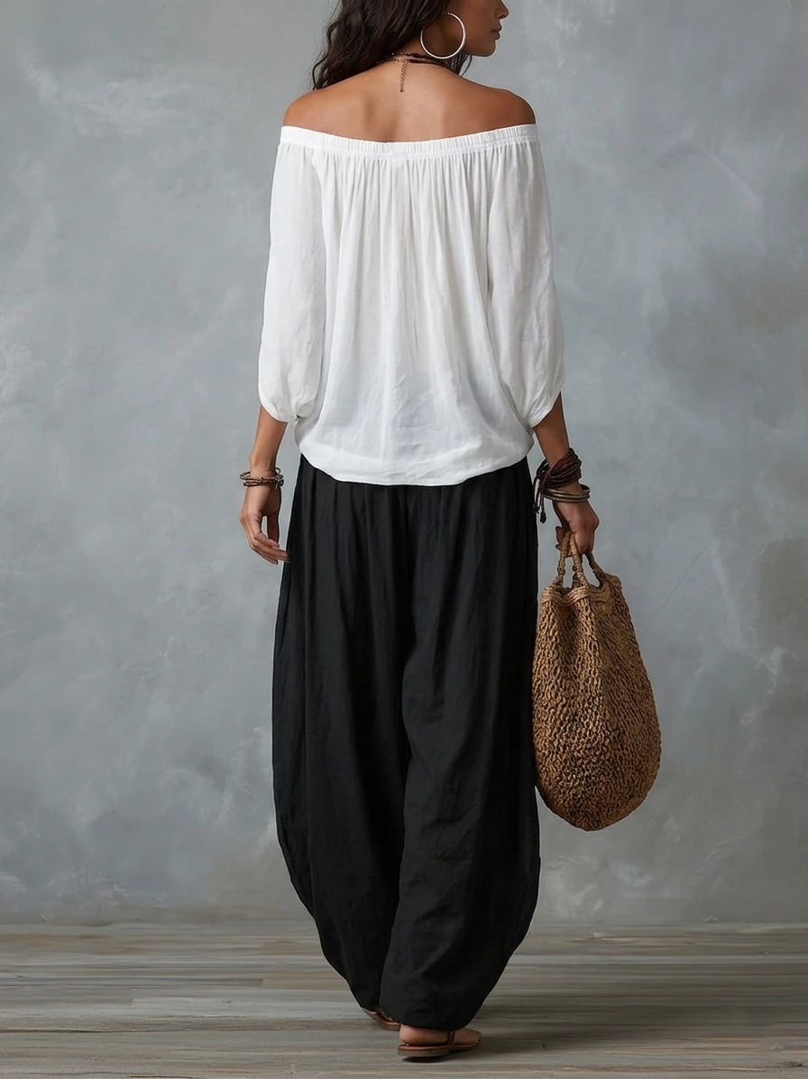 Conjunto de Top Blanco Off-the-Shoulder y Pantalones Lantern Holgados