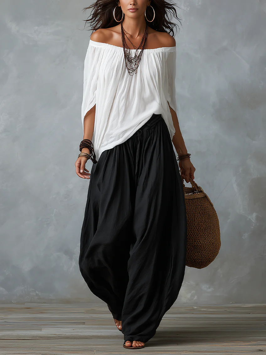 Conjunto de Top Blanco Off-the-Shoulder y Pantalones Lantern Holgados