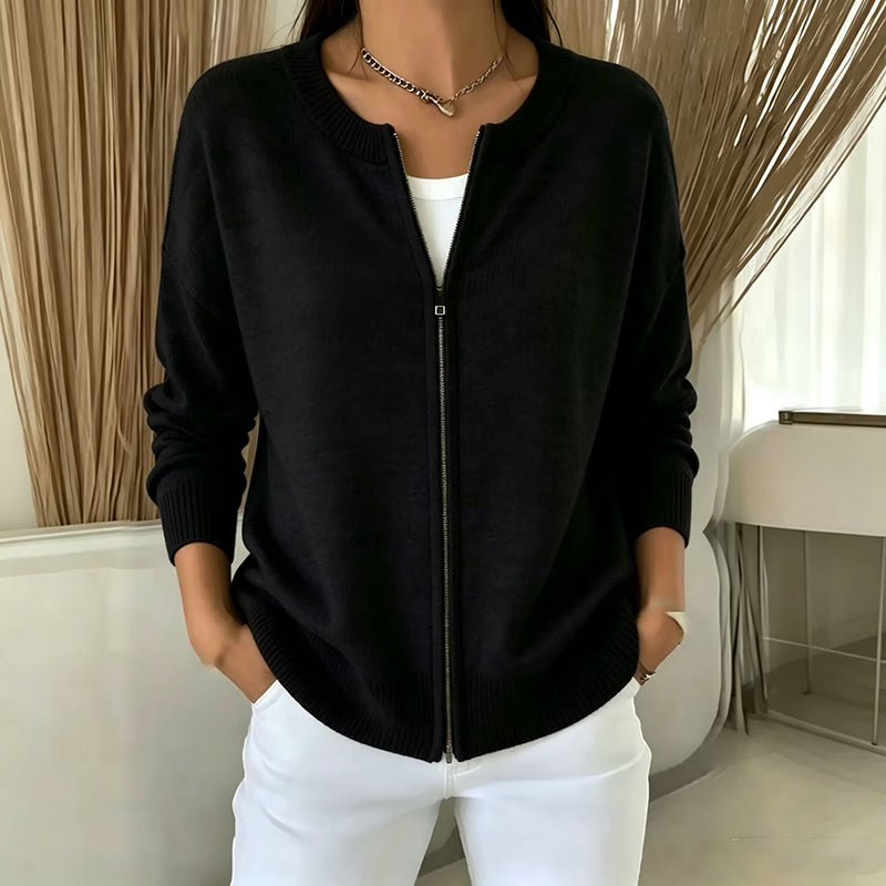 Cárdigan de punto para mujer con cuello redondo y cremallera