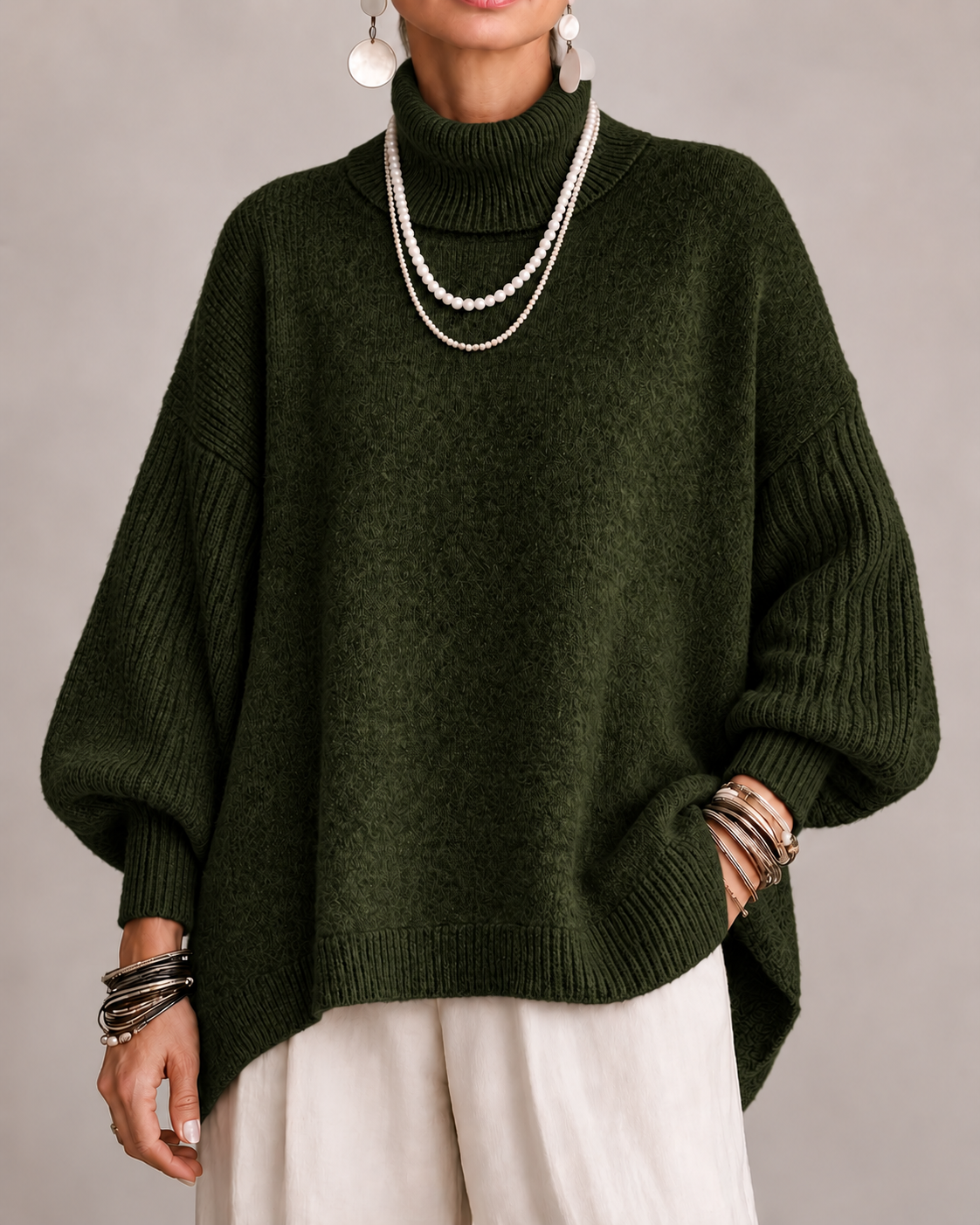 Suéter oversize para mujer con cuello alto y mangas acanaladas